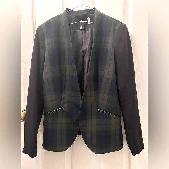 H&M collarless open black watch plaid tartan blazer - Picture 5 of 9